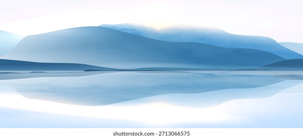 Un telón de fondo de arte con montañas y colinas en la niebla en un lago en tonos fríos con una textura de acuarela. Un Anuncio de paisaje natural para decoración, estampados, Fondo de pantalla, textiles, carteles e interiores.
