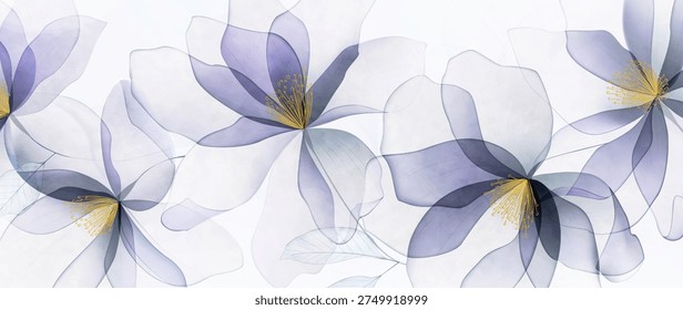 Art backdrop featuring transparent purple flowers with golden watercolor accents. Botanical floral banner for decor, prints, posters, textiles, wallpaper, and interiors.