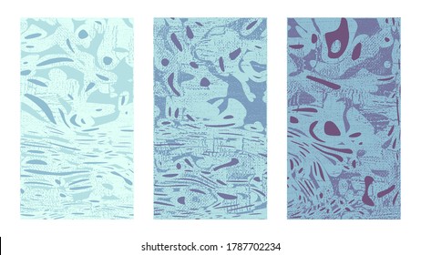 Art background abstract fluid set. Dynamical purple and light teal rippled surface, illusion, curvature. Liquid paint on canvas