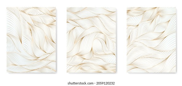 Art background with abstract gold lines on a white background. Waves of the sea in a pattern for decorating decor in an oriental style.