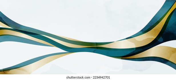 Kunsthintergrund mit abstraktem Aquarellmuster in Form von Blau- und Goldwellen. Vektorbanner für Dekoration, Druck, Textilien, Verpackung, Tapete, Innenausstattung.