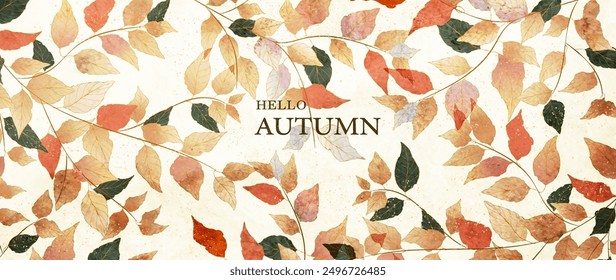 Art background with autumn leaves in watercolor style. Botanical fall banner for wallpaper, social media, print, textile, poster, cover, postcard, greetings, flyer, packaging.