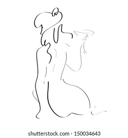 Art background with beautiful young sitting woman with a glass from back, sketch vector