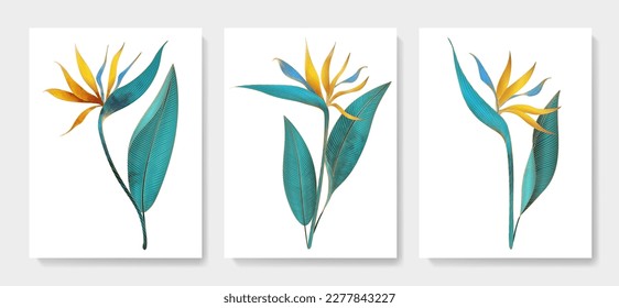 Art background with bird of paradise flowers and leaves with golden elements in art line style. Botanical vector set with watercolor texture for decoration, print, textile, wallpaper, interior design.