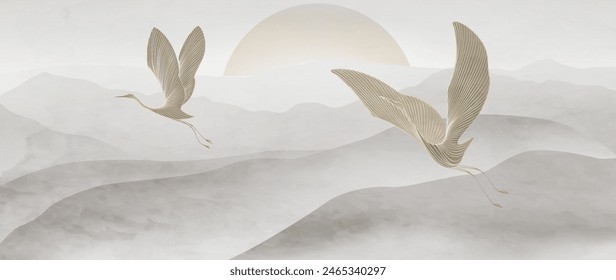 Art background with birds against the backdrop of mountains and hills in a light watercolor style with line elements. Vector banner for decoration, print, textile, poster, interior design.