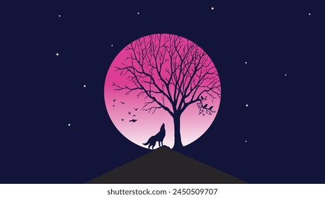 art, background, birds, black, blue, dark, design, evening, fox, full, graphic, hill, illustration, landscape, light, mountain, moon, moon pink shine, nature, night, outdoor, scene, silhouette, sky, 