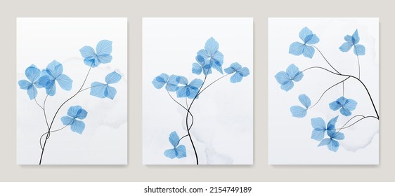 Art background with blue flowers on a watercolor texture. Botanical triptych with floral bouquet in minimalist style for wall decor, invitations, poster