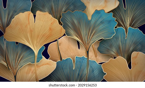 Art background with blue and gold ginkgo leaves for textile decoration, packaging or web banner