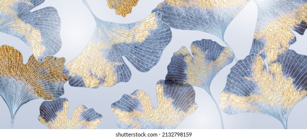 Art background with blue and gold ginkgo leaves in art line style. Botanical poster with watercolor leaves for decor, design, wallpaper, packaging