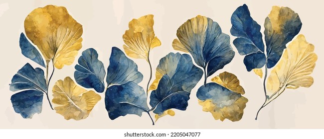 art background with blue and gold ginkgo leaves in art style