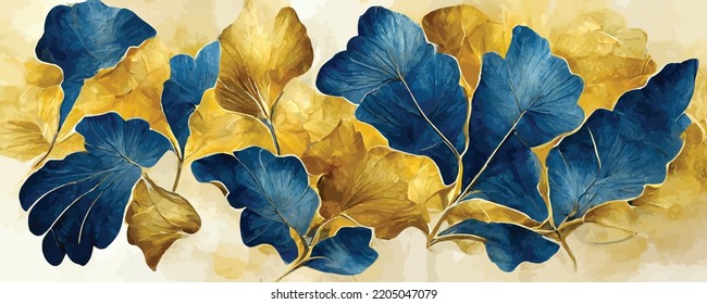 art background with blue and gold ginkgo leaves