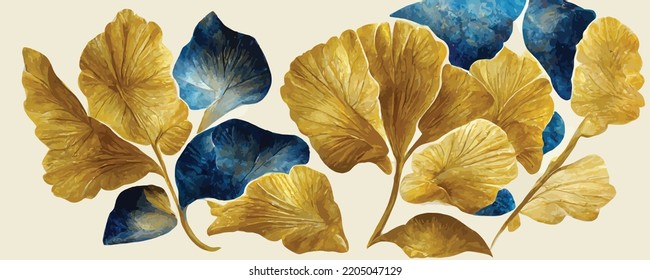 art background with blue and gold ginkgo leaves