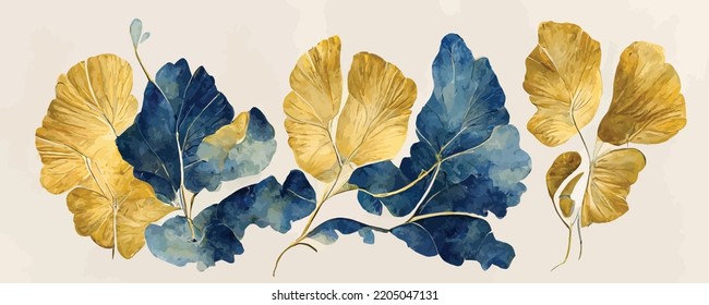 art background with blue and gold ginkgo leaves in art style