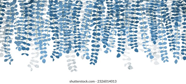 Art background with blue leaves on plant branches with a watercolor texture. Botanical banner for decoration design, wallpaper, print, textile, interior design, poster.