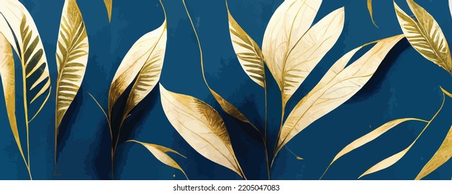 art background in blue tones with tropical leaves