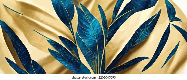 art background in blue tones with tropical leaves