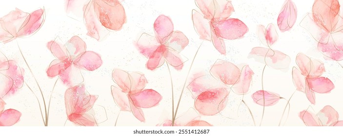 Fondo de arte con ramo de flores rosas en estilo acuarela con Elementos de línea dorada. Anuncio botánico para decoración, Fondo de pantalla, impresión, embalaje, cartel, invitaciones, diseño de interiores.