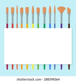 Art background with  brushes and blank paper.  Vector illustration in flat design