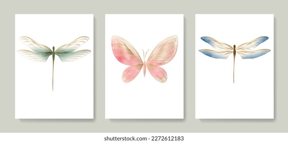 Art background with butterflies and dragonfly with watercolor texture and golden hand drawn art line style. Vector set of prints for decoration design, print, textile, wallpaper, interior design.