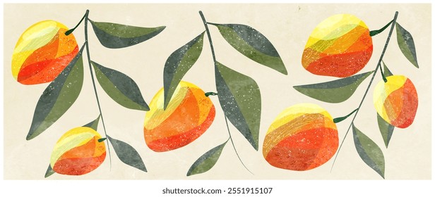 Fondo de arte con mango de cítricos dibujado a mano en estilo acuarela. Anuncio botánico en estilo moderno para decoración, Fondo de pantalla, impresión, textil, embalaje, diseño de interiores.