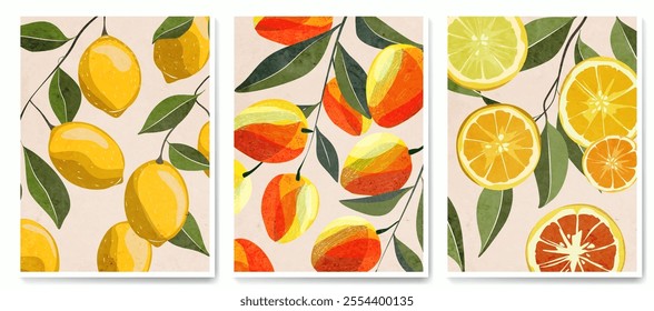 Art background with citrus fruits mango, orange, lemon in watercolor style. Botanical fruit poster set for decor, print, textile, packaging, wallpaper, interior, cover.