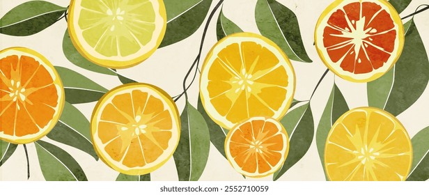 Fundo de arte com frutas cítricas laranja, pomelo, toranja, limão e folhas de árvore com textura aquarela em estilo moderno. Banner botânico para papel de parede, impressão, interior, embalagem