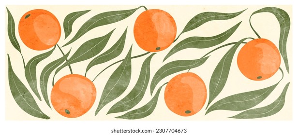 Art background with citrus, orange or grapefruit fruits in orange color in a watercolor style. Botanical banner for decor, print, textile, wallpaper, interior design.
