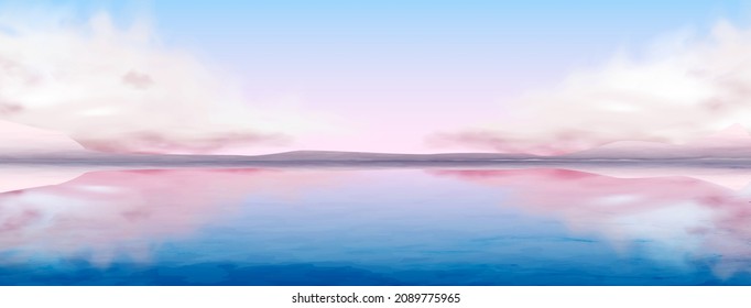 Art background with clouds and ocean landscape at sunset or sunrise in pink and blue colors. Vector tropical banner for home interior decoration, print, design