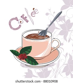 Art background with coffee cup and spoon and flower pattern