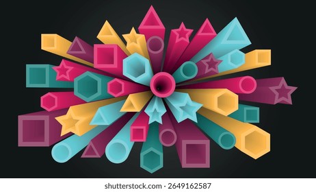 Fundo de arte com objetos 3D geométricos coloridos em um fundo pretoUma excelente ilustração para publicidade, cartazes, cartões postais, cartões de visita, atributos corporativos e seus outros projetos. Vetor.