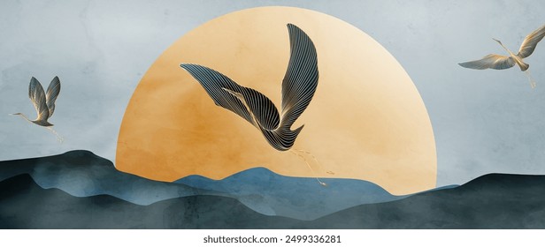 Fondo de arte con pájaros grulla con Elementos de línea contra el sol y colinas en estilo acuarela. Anuncio Abstractas en un estilo moderno para el Fondo de pantalla, la cubierta, el cartel, la impresión, el embalaje, el interior.