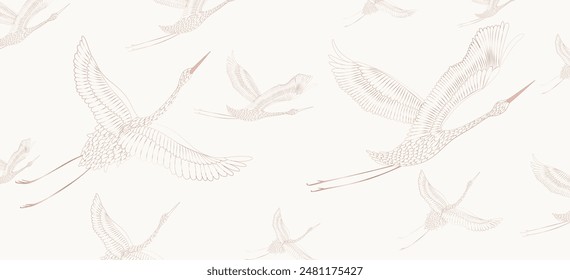 Art background with crane birds pattern in pink art line style. Vector banner in Japanese style for decor, print, wallpaper, packaging, cover, interior design, textile.