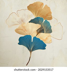 Kunsthintergrund mit dekorativen Ginkgo-Blättern im Vintage-Stil in Gold und Türkis-Farben.