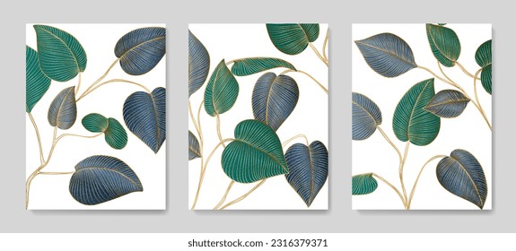 Art background with exotic leaves in blue and green color with golden art line elements. Luxury tropical set of botanical illustrations for decor, print, wallpaper, poster, interior design.