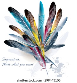 Art background with feathers symbol of inspiration and writing