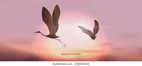 Fondo de arte con una puesta de sol o salida del sol y grúas con Elementos de línea dibujados a mano. Un Anuncio de naturaleza de Vector para decoración, estampados, textiles, carteles, empaques e interiorismo.