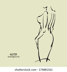 art  background with figure of beautiful young woman  in party dress in her back, sketch vector