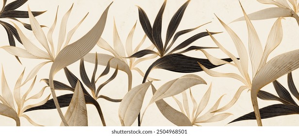 Art background with flowers and leaves of the bird of paradise plant with line art elements. Botanical banner with tropical plants for decor, print, wallpaper, textile, cover, postcard, invitations