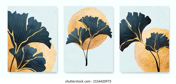 Art background with ginkgo leaves in golden line with kintsugi cracks in Japanese style. Botanical poster with watercolor leaves in art line style for decor, design, wallpaper, packaging