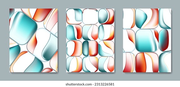 Art background with glass cubes and red and blue color gradient. Vector set of posters with flowing spots for decor, print, wallpaper, packaging, interior design, textile.