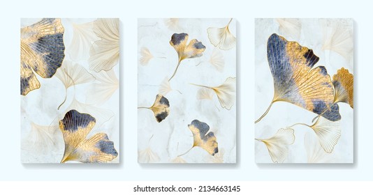 Art background with golden and blue gingko leaves in art line style. Botanical print with watercolor textures for wallpaper, decor, packaging design, interior design