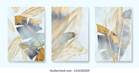 Kunsthintergrund mit goldenen und blauen Blättern oder Federn im Art-line-Stil. Set von Aquarelldrucken für Tapeten, Innenausstattung, Dekoration, Verpackung