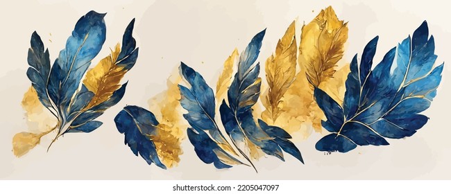 art background with golden and blue leaves or feathers