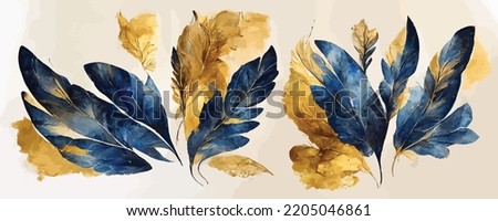 art background with golden and blue leaves or feathers
