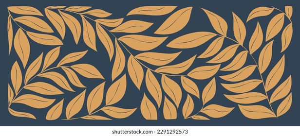 Art background with golden branches and leaves in an abstract style. Hand drawn botanical banner for decor, print, textile, wallpaper, interior design.