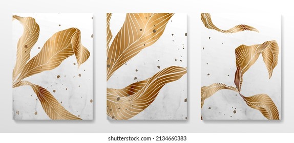 Art background with golden tropical leaves in art line style. Botanical background with watercolor textures for wallpaper, decor, packaging design, interior design