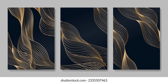 Fondo artístico con olas doradas dibujadas a mano en un estilo de arte lineal. Conjunto vectorial de carteles para diseño de portada, decoración, diseño interior, papel de pared, textil