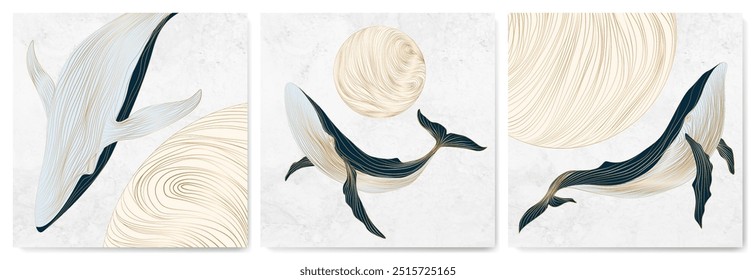 Fundo de arte com baleias douradas e mão do sol desenhado no estilo de linha de arte moderno. Conjunto de cartazes para decoração, papel de parede, impressão, cartão postal, convite, design de interiores, mídias sociais