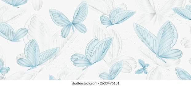 Art background with hand-drawn butterfly pattern in line style. Animalistic banner for decor, print, textile, packaging, wallpaper, poster, interior design.