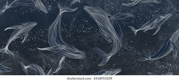 Art background with hand-drawn whales in line style against the sky with stars. Vector dark banner for decoration, print, textile, wallpaper, interior design, poster.